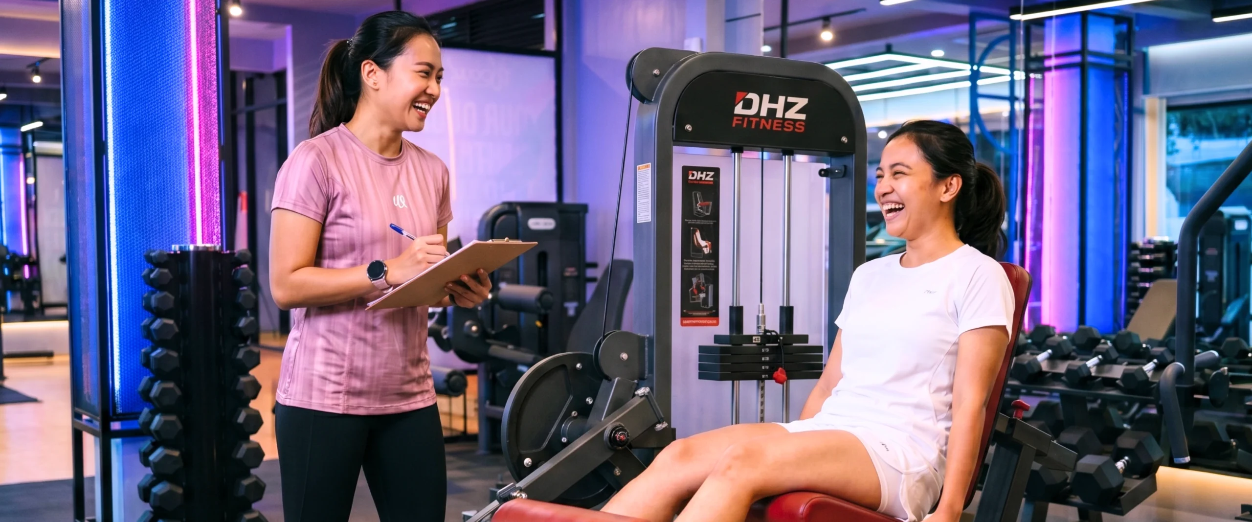 Personal Trainer WZone berbaju pink mendampingi seorang perempuan berlatih di gym
